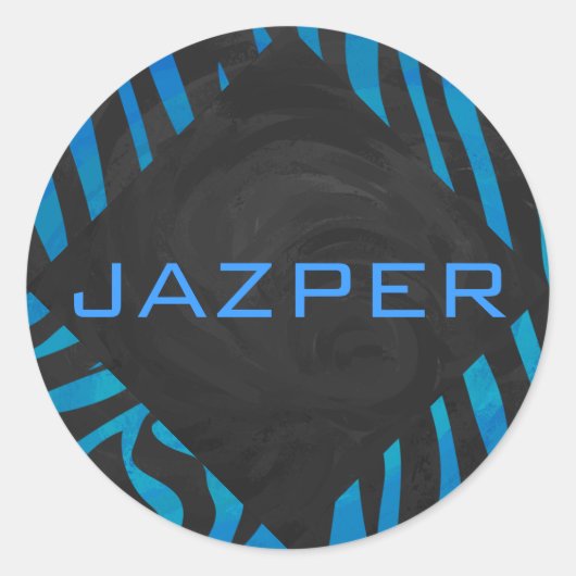Zebra zwart en blauw met monogram ronde sticker (Voorkant)