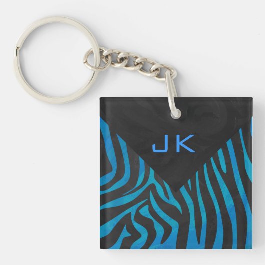 Zebra zwart en blauw met monogram sleutelhanger (Voorkant)