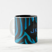 Zebra zwart en blauw met monogram tweekleurige koffiemok (Voorkant links)