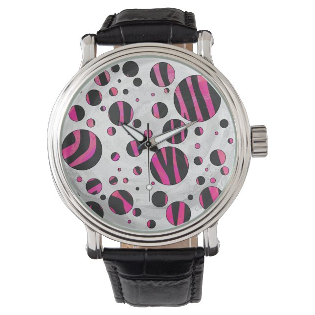 Zebra zwart en warm roze Piloka Dot Horloge (Voorkant)