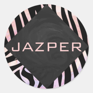 Zebra zwart-roze monogram ronde sticker