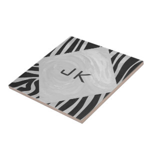 Zebra zwart-wit en lichtgrijs monogram tegeltje