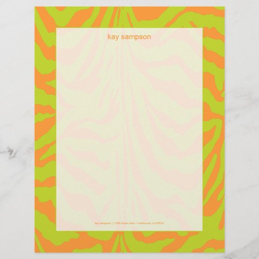 Zebraafdruk, retro kleuren kalk groen + oranje briefhoofd sjabloon (Voorkant)