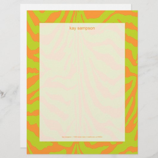 Zebraafdruk, retro kleuren kalk groen + oranje briefhoofd sjabloon (Voorkant / Achterkant)