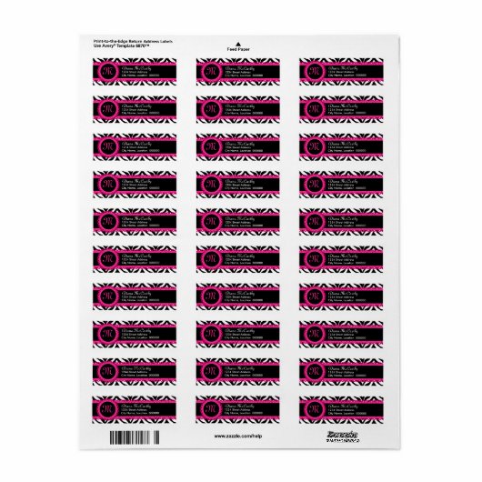 Zebradruk & Heet Roze Kant Monogram Etiket (Full Sheet)