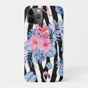 Zebrapatroon met tropische hibiscus en vlammen iPhone 11 pro hoesje