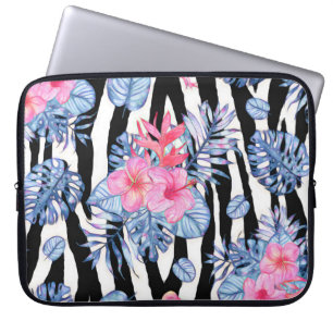Zebrapatroon met tropische hibiscus en vlammen laptop sleeve
