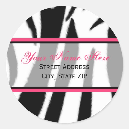 Zebraprint met roze Adresetiketten Ronde Sticker (Voorkant)