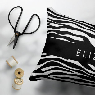 Zebraprint, strepen, zwart-wit, Jouw naam Accent Kussen