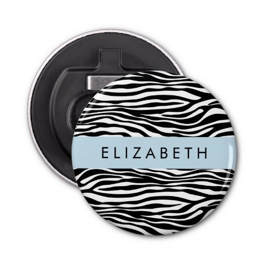 Zebraprint, strepen, zwart-wit, Jouw naam Button Flesopener (Voorkant)