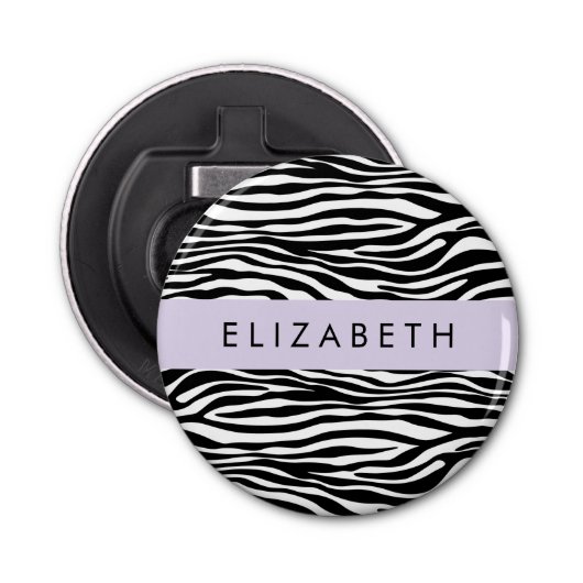 Zebraprint, strepen, zwart-wit, Jouw naam Button Flesopener (Voorkant)