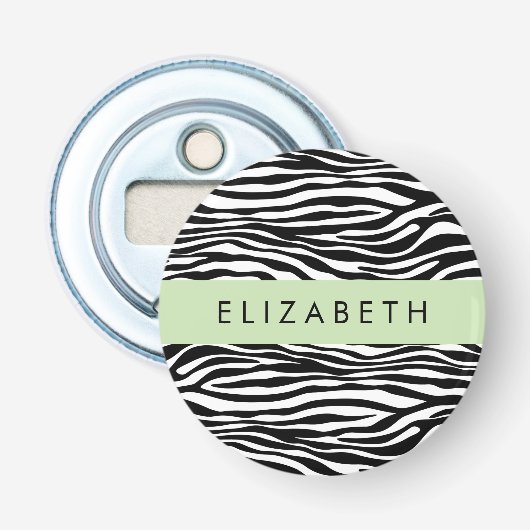 Zebraprint, strepen, zwart-wit, Jouw naam Button Flesopener (Voorkant)