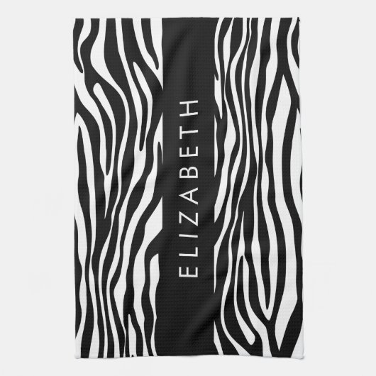 Zebraprint, strepen, zwart-wit, Jouw naam Theedoek (Verticaal)