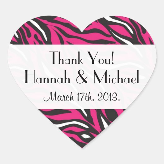 Zebraprint, zebra strepen, roze zebra, bruiloft hart sticker (Voorkant)