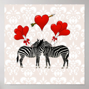 Zebras en harten in roze vocht poster