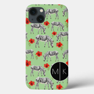 Zebras onder Hibiscus Flowers   Monogram iPhone 13 Hoesje