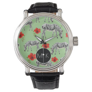 Zebras onder Hibiscus Flowers   Monogram Horloge