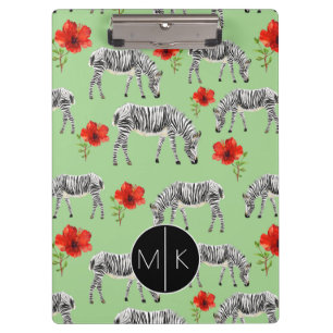 Zebras onder Hibiscus Flowers Monogram Klembord
