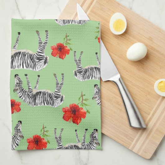 Zebras onder Hibiscus Flowers | Monogram Theedoek (Quarter Fold)