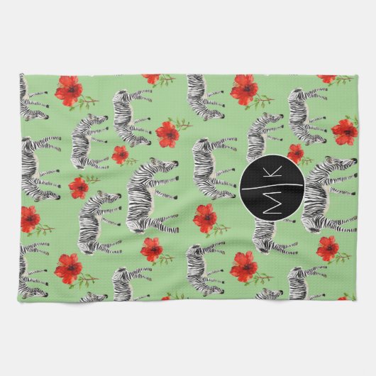 Zebras onder Hibiscus Flowers | Monogram Theedoek (Horizontaal)