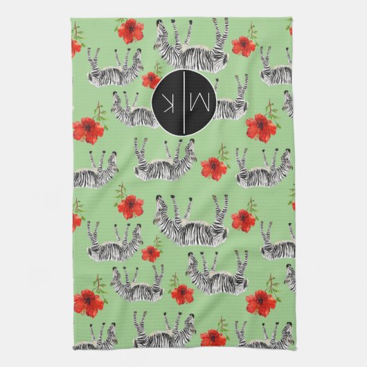 Zebras onder Hibiscus Flowers | Monogram Theedoek (Verticaal)
