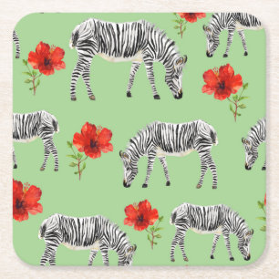 Zebras onder Hibiscus Flowers Vierkante Kartonnen Onderzetter