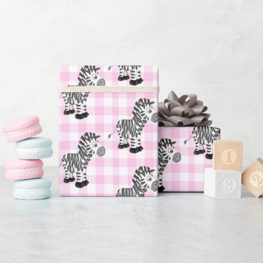 Zebra's op Pink Gingham Cadeaupapier (Baby Shower)