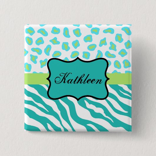 Zèbre & Cheetah Nom Badge Turquoise, Lime Vert Bla (Devant)