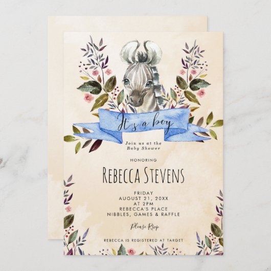 zèbre petit garçon floral baby shower invitation (Devant / Derrière)