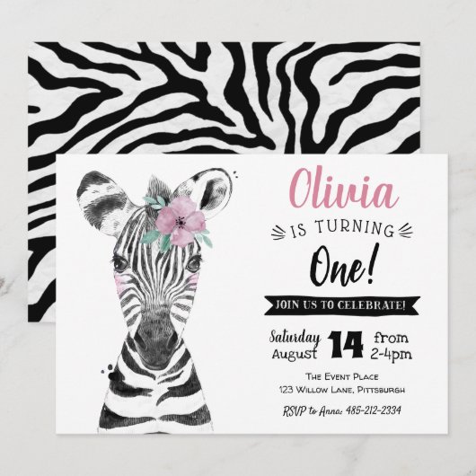 Zèbre sauvage | Invitation à l'anniversaire de la  (Devant / Derrière)