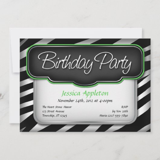 Zèbre unique Imprimer vert Invitations d'anniversa (Devant)
