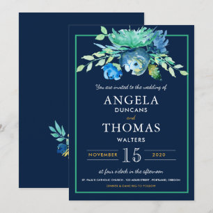 Zee Blauwe Waterverf Bloemen Huwelijksuitnodiging Kaart
