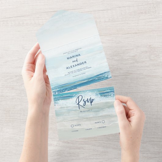 Zee Blue Beach Waves Waterverf Weddenschap All In One Uitnodiging (Afscheurbaar)