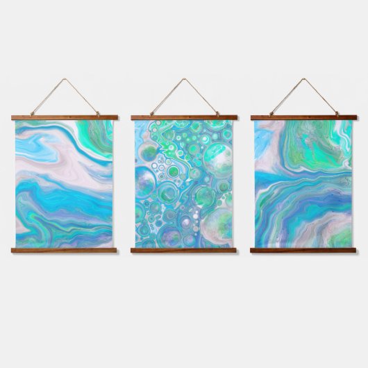 Zee Blue en Green Bubbles en Ocean Art Hangend Wandkleed (Driedubbel)
