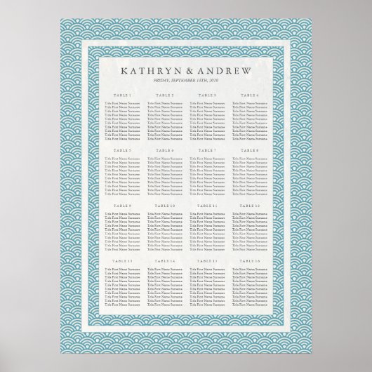 Zee Blue Green Wave Pattern Wedding Seding Chart Poster (Voorkant)
