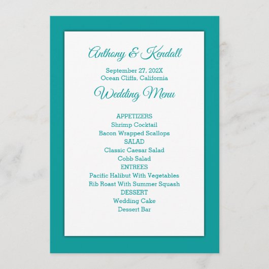 Zee Blue Green Wedding Menu Sjabloon (Voorkant)