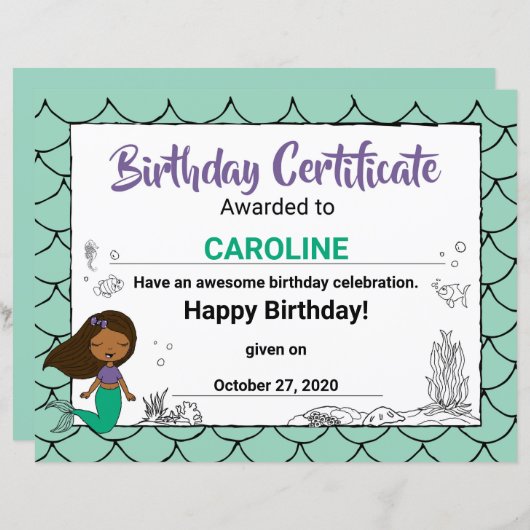 Zee Creature Party Black Mermaid B-day Certificate (Voorkant / Achterkant)