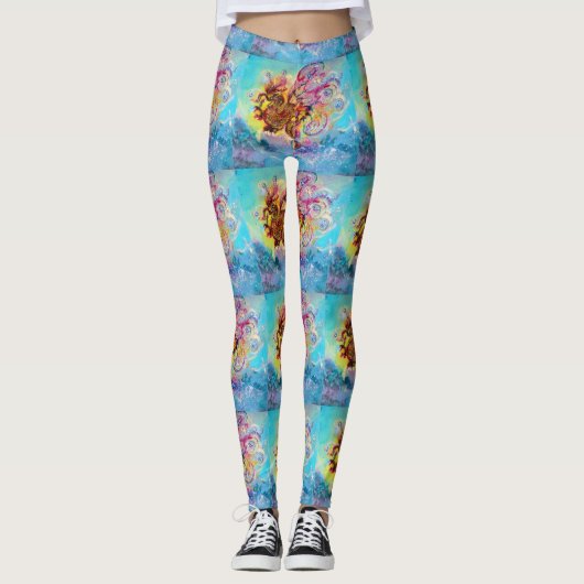 ZEE DRAGON in blauw goud geel roze fantasie Leggings (Voorkant)