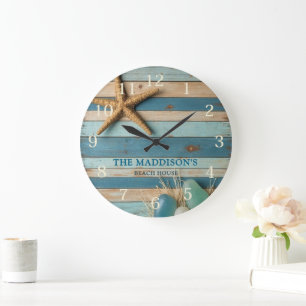 Zee Glas en Strand Hout Nautilus - Blauwe Teal Grote Klok