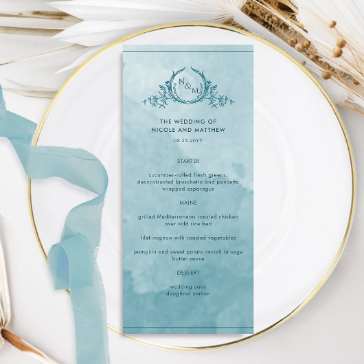 Zee Glass Blue Waterverf Monogrammed Wedding Menu