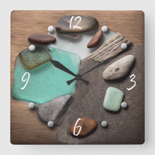 Zee Glass Ocean Stones Driftwood Square Wall Cloc Vierkante Klok (Voorkant)