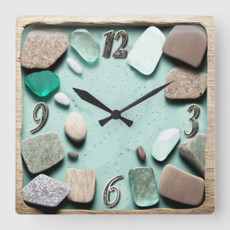Zee Glass Ocean Stones Driftwood Vierkante Klok