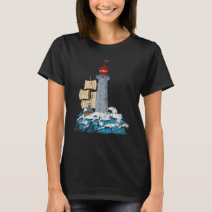 Zee golven Oceaan Zeilboot Nautilus Zeilen Vuurtor T-shirt