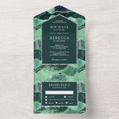 Zee Green en Silver Glitter Agate Marble Wedding All In One Uitnodiging (Binnen)