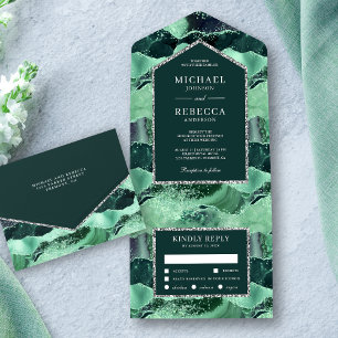 Zee Green en Silver Glitter Agate Marble Wedding All In One Uitnodiging