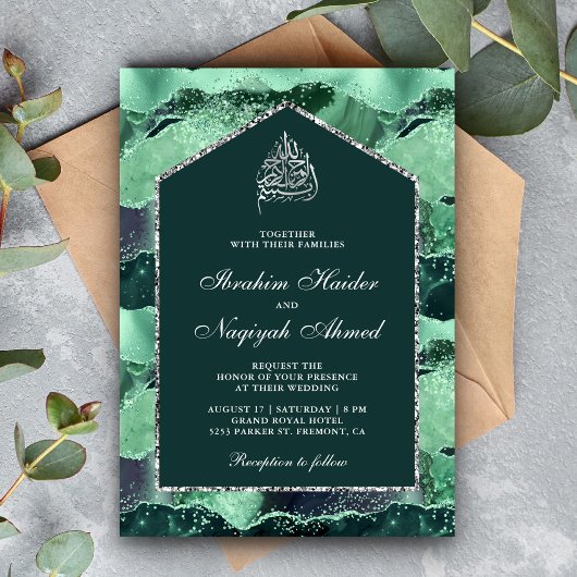 Zee Green Silver Agate Marble Arch Muslim Wedding Kaart