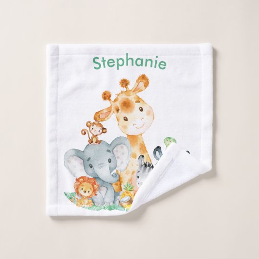 Zee Green Waterverf Cute Safari Oerwoud Animals Bad Handdoek (Wasdoekje)