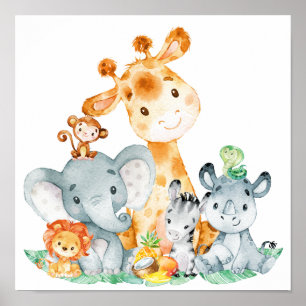 Zee Green Waterverf Cute Safari Oerwoud Animals Poster