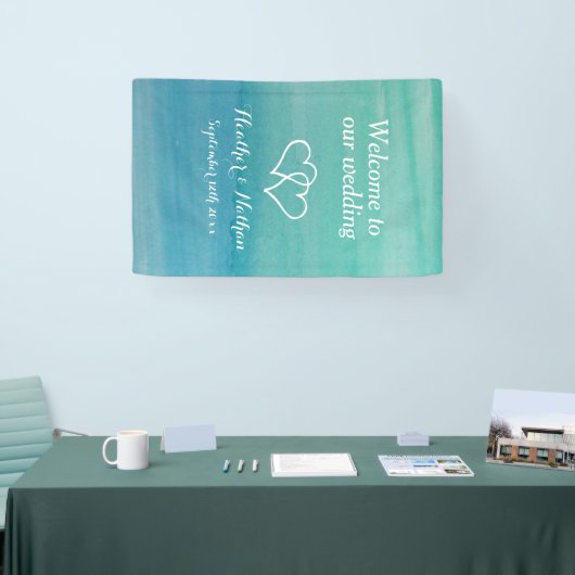 Zee groene waterverf print welkom op onze bruiloft spandoek (Beurs)