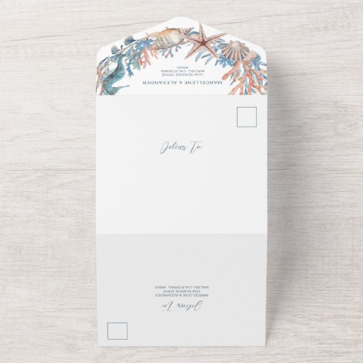 Zee Krans | Zeepaardje en Schelpen Strand All In One Uitnodiging (Buitenkant)